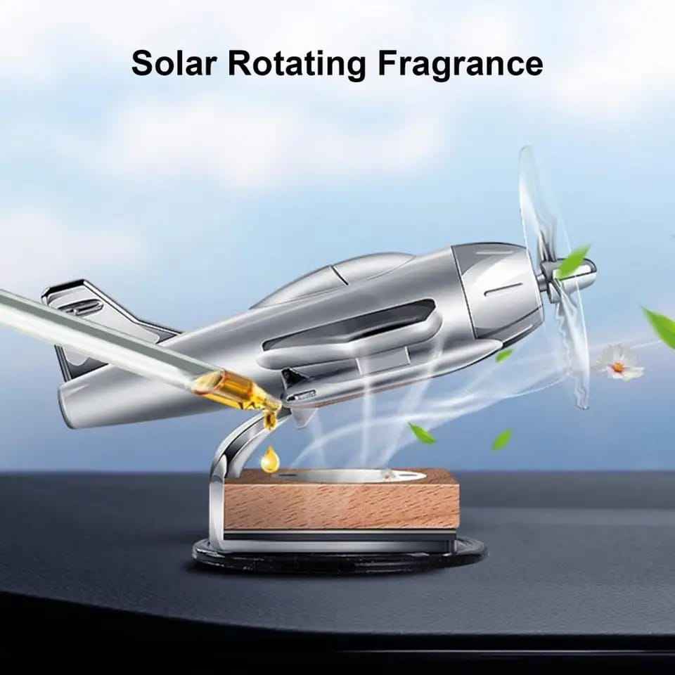 Solar Airplane Car Diffuser with Wooden Base – Luxury Car Air Freshener